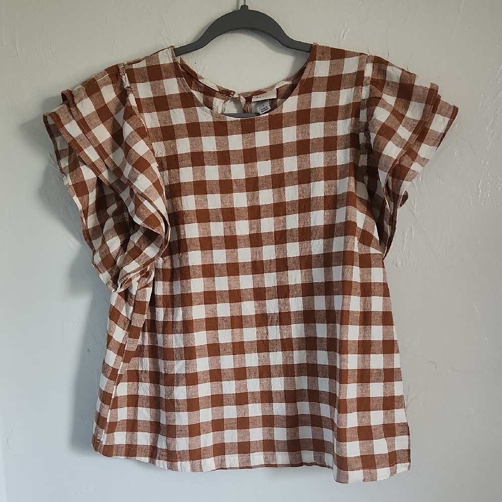 A New Day Brown and White Flutter Sleeve Blouse